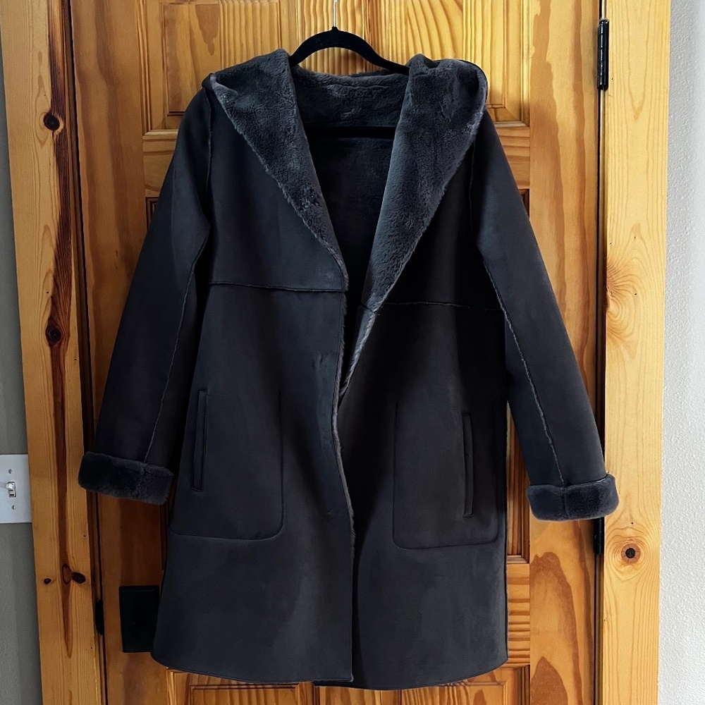 ZARA Faux Shearling and Suede Reversible Hooded Coat with Pockets